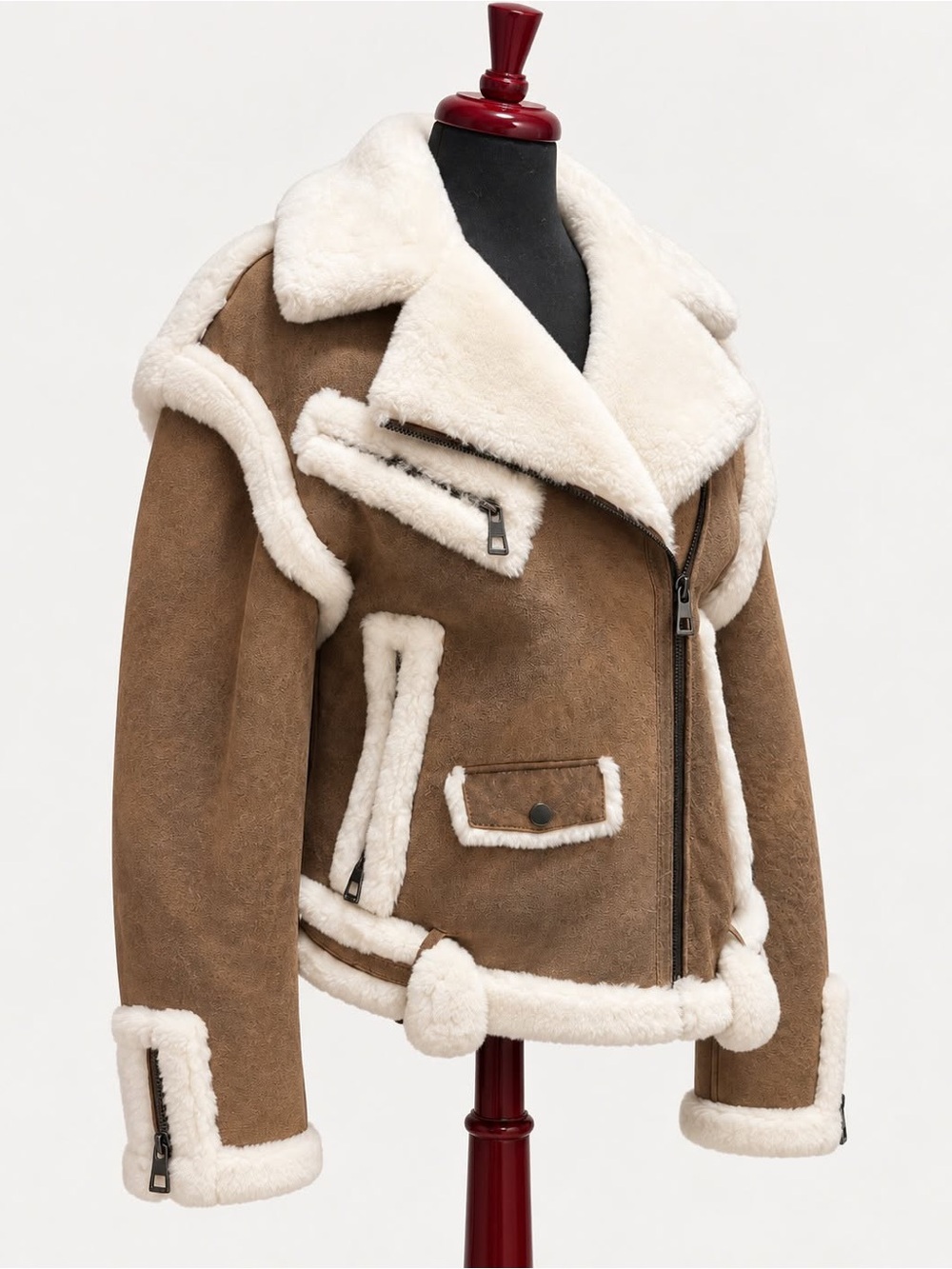 Women’s Brown Faux Shearling Aviator Biker Jacket Cream Fur Trim Zip Up - Picture 2 of 6